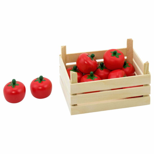 Houten tomaten in kist